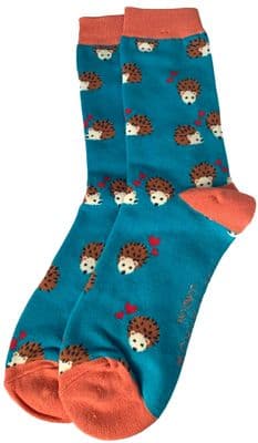 Hedgehog and Love Hearts Socks in Teal Blue and Orange Women's Size 4 - 7