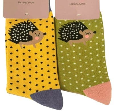 Hedgehog Socks 2 Pair Pack Hedgehogs Pattern in Green and Yellow Bamboo and Cotton Blend