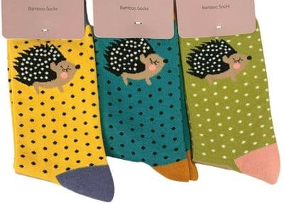 Hedgehog Socks 3 Pair Pack of Bamboo and Cotton Blend Socks in Green Teal Blue and Yellow