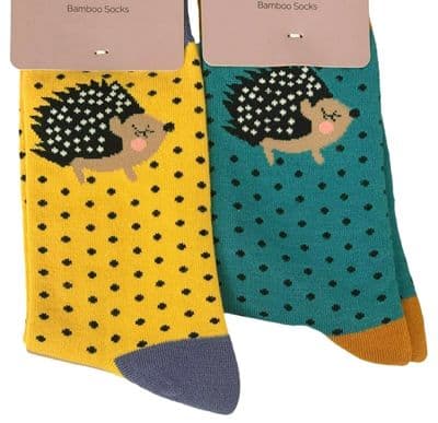 Hedgehog Socks Ladies 2 Pair Pack Hedgehogs Teal Blue Yellow Cute Bamboo Cotton