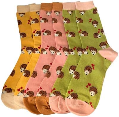 Hedgehog Socks Ladies 3 Pair Pack Love Hearts Bamboo Cotton Pink Green Yellow Hedgehogs