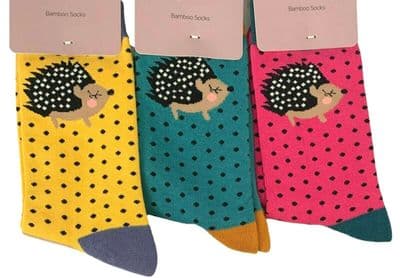 Hedgehog Socks Ladies 3 Pair Pack Pink Green Teal Blue Hedgehogs Bamboo Cotton