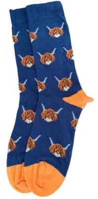 Highland Cattle Socks Cow Pattern in Navy Blue Womens Bamboo Cotton Blend