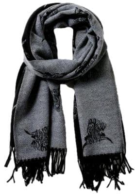 Highland Cow Scarf Black and Grey Reversible Cashmere Blend Winter Shaw