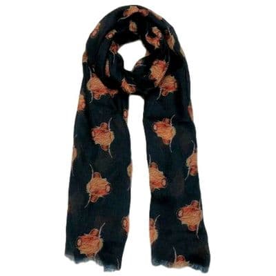 Highland Cow Scarf in Black Lightweight Cashmere Blend