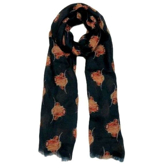 Highland Cow Scarf in Black Lightweight Cashmere Blend