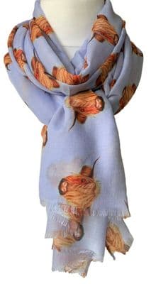 Highland Cow Scarf Lightweight Cashmere Blend in Light Blue