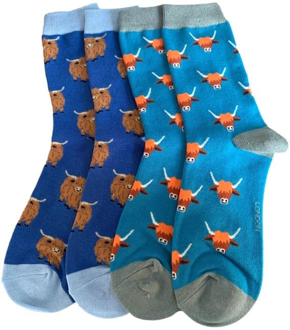 Highland Cow Socks 2 Pair Multi Pack in Blue Women's Size 3 to 7