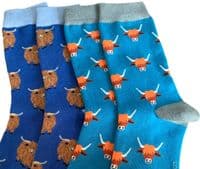 Highland Cow Socks 2 Pair Multi Pack in Blue Women's Size 3 to 7