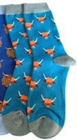 Highland Cow Socks 2 Pair Multi Pack in Blue Women's Size 3 to 7