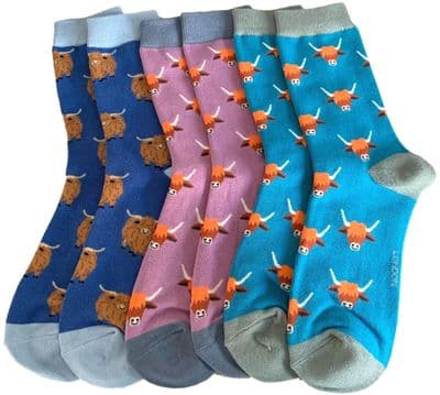 Highland Cow Socks 3 Pair Pack of Women's Socks in Blue Teal and Lilac