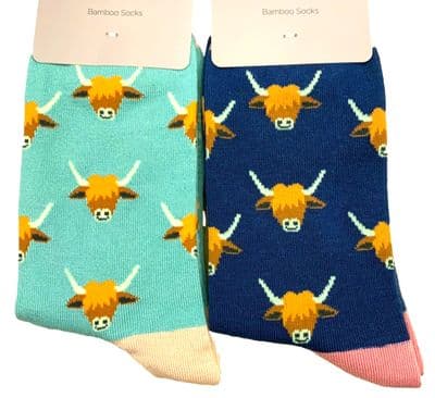 Highland Cow Socks Hairy Coo 2 Pair Pack in Navy Blue and Duck Egg
