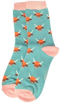 Highland Cow Socks Hairy Coos Pattern in Duck Egg Blue Green Women's Novelty Socks