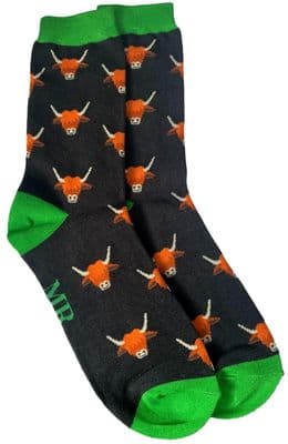 Highland Cow Socks in Black Men's Bamboo Blend Novelty Fun Socks