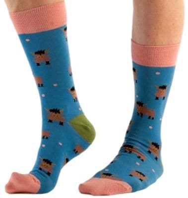 Highland Cow Socks in Blue Women's Size 3 to 7