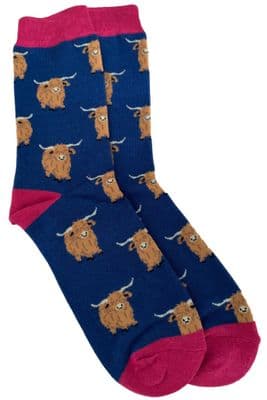 Highland Cow Socks Men's Navy Blue Coloured Bamboo Cotton Blend