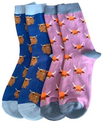 Highland Cow Socks Women's 2 Pair Pack in Blue and Lilac Purple Hairy Coos Pattern