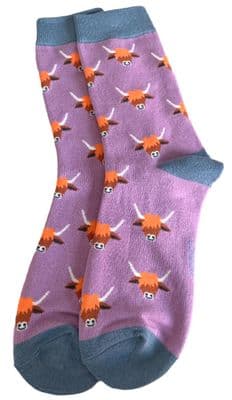 Highland Cow Socks Women's Hairy Coos Novelty Socks in Purple Size 3 to 7