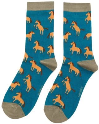 Horse Socks in Teal Blue Brown Horses Pony Pattern Women’s Size 3 - 7