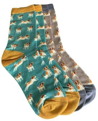 Jack Russell Dog Socks 2 Pair Pack in Grey and Blue Women’s Size 4 to 7