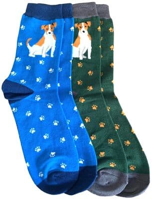 Jack Russell Dogs Socks For Men 2 Pair Pack in Blue and Green with a White Paw Print Pattern