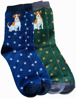 Jack Russell Socks Men's 2 Pair Pack with a Dog Pattern in Navy Blue and Green