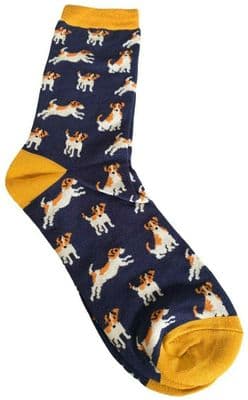 Jack Russell Socks Men's Bamboo Cotton Blend In Navy blue and Yellow Size 7 - 11
