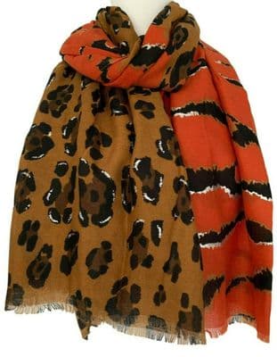 Leopard Print Scarf in Burnt Orange and Brown with Silver Sparkle