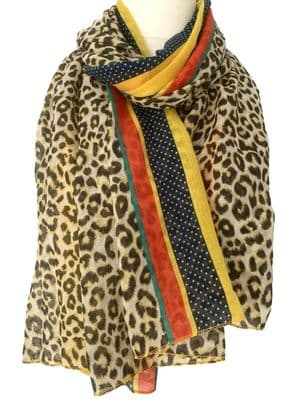 Leopard Print Scarf in Yellow with Red Stripes Navy polka Dots