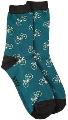 Mens Bike Socks Bicycles Pattern Novelty Bamboo Cotton Blend in Teal Blue and Black