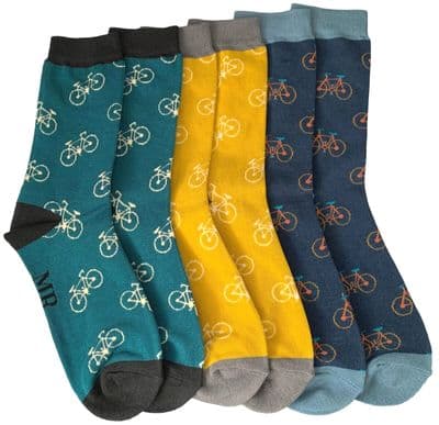 Mens Socks with a Bikes Bicycle Pattern  3 Pair Multi Pack in Navy Blue Yellow and Teal