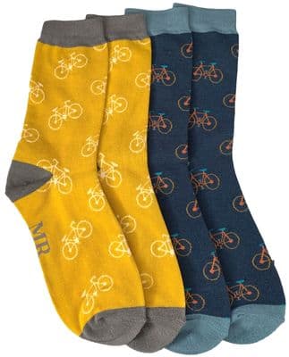 Mens Socks with a Bikes Bicycles Pattern 2 Pair Pack in Yellow and Navy Blue Bamboo Cotton Blend