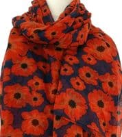 Navy Blue Poppy Scarf Red Flower Floral Pattern