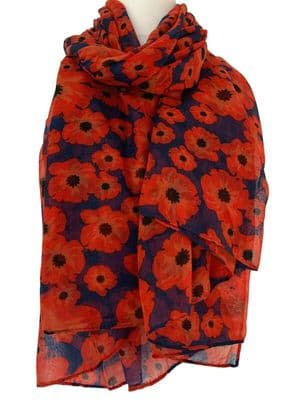 Navy Blue Poppy Scarf Red Flower Floral Pattern