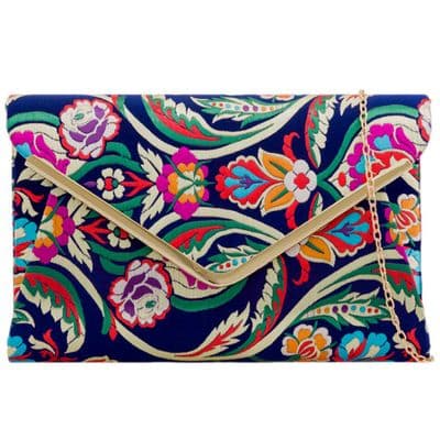Navy Blue Satin Clutch Bag Multicoloured Embroidered Floral Evening Bag