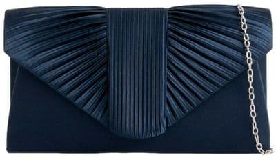 Navy Blue Satin Clutch Bag Pleated Front Evening Bag