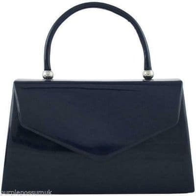 Navy Blue Top Handle Bag Faux Patent Leather Grab Bag
