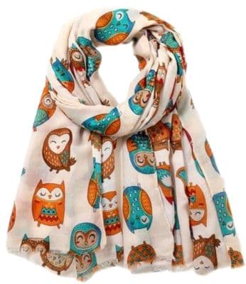 Owl Scarf in Cream Orange and Teal