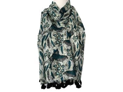 Owl Scarf in Teal Blue and White with Tassel Trim