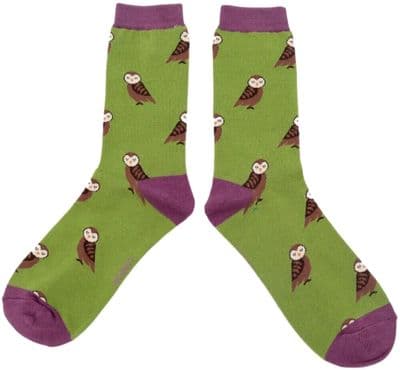 Owls Socks in Green Cute Wise Owls Bamboo Cotton Blend Size 4 - 7