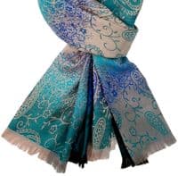 Pashmina Wrap Floral Shawl in Teal Blue Green and Beige