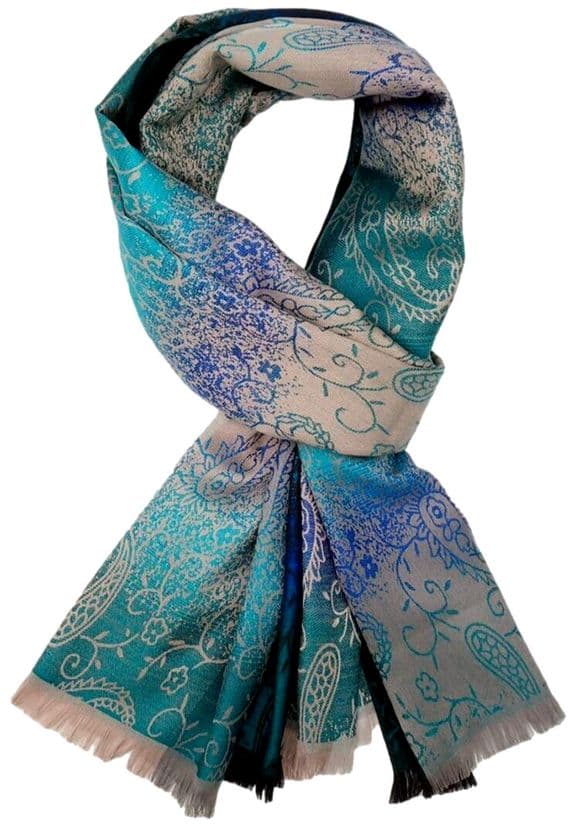 Pashmina Wrap Floral Shawl in Teal Blue Green and Beige