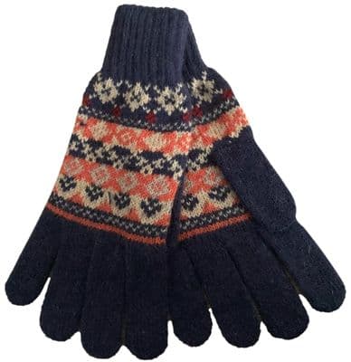 Patterned Gloves Women's Knitted Wool and Angora Blend in Navy Blue and Orange