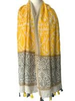 Patterned Scarf Women's Yellow and Grey Tassels Trim Oversized Scarf
