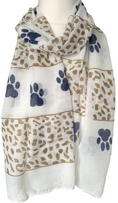 Paw Print Scarf in White Blue and Beige