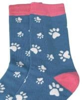 Paw Print Socks for Women in Blue and Pink Dogs Cats Paws Pattern Size 4 - 7