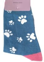 Paw Print Socks for Women in Blue and Pink Dogs Cats Paws Pattern Size 4 - 7