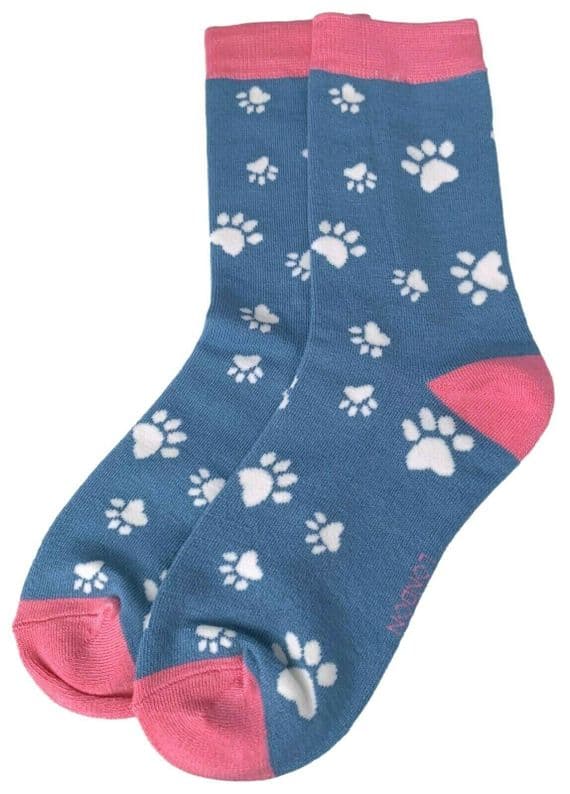 Paw Print Socks for Women in Blue and Pink Dogs Cats Paws Pattern Size 4 - 7