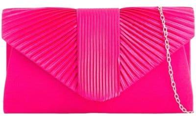 Pink Clutch Bag Cerise Satin Pleated Style Evening Bag