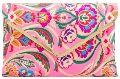 Pink Clutch Bag Satin Evening Bag with Multicoloured Flower Pattern